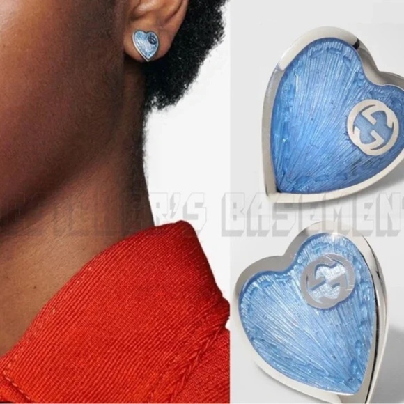 Gucci Full Inclusion Blue Enamel Heart earrings with Interlocking G - Picture 2 of 8